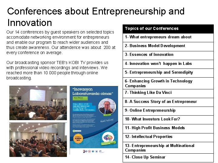 Conferences about Entrepreneurship and Innovation Topics of our Conferences Our 14 conferences by guest