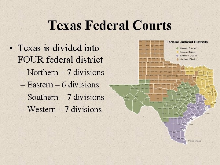 Texas Federal Courts • Texas is divided into FOUR federal district – Northern –