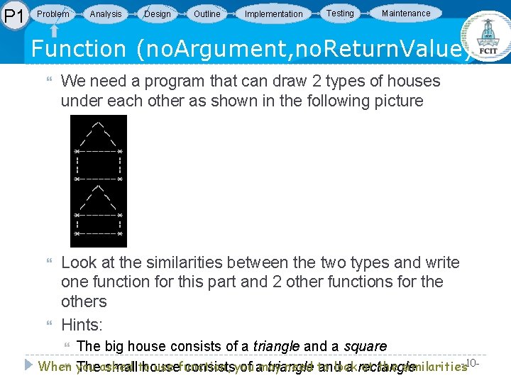 P 1 Problem Analysis Design Outline Implementation Testing Maintenance Function (no. Argument, no. Return. P 1 Problem Analysis Design Outline Implementation Testing Maintenance Function (no. Argument, no. Return.