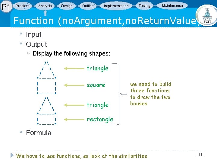 P 1 Problem Analysis Design Outline Implementation Testing Maintenance Function (no. Argument, no. Return. P 1 Problem Analysis Design Outline Implementation Testing Maintenance Function (no. Argument, no. Return.