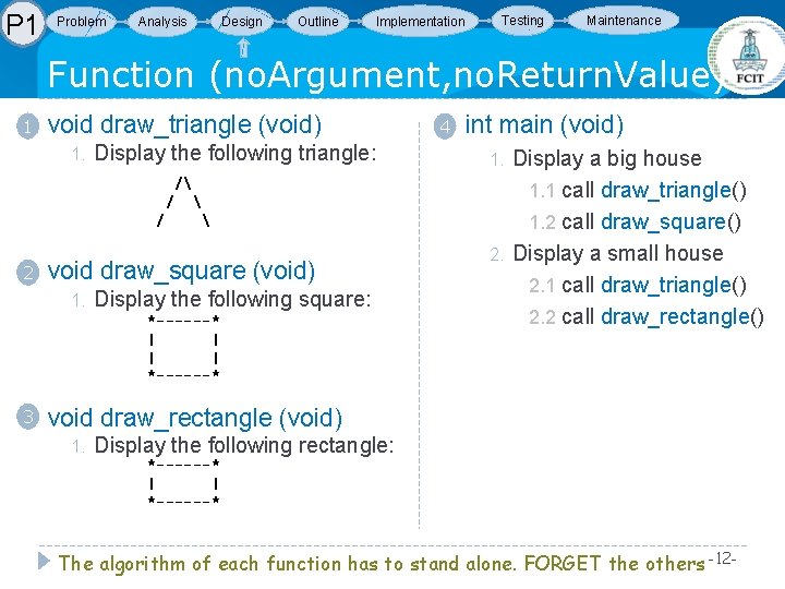 P 1 Problem Design Analysis Outline Implementation Testing Maintenance Function (no. Argument, no. Return. P 1 Problem Design Analysis Outline Implementation Testing Maintenance Function (no. Argument, no. Return.