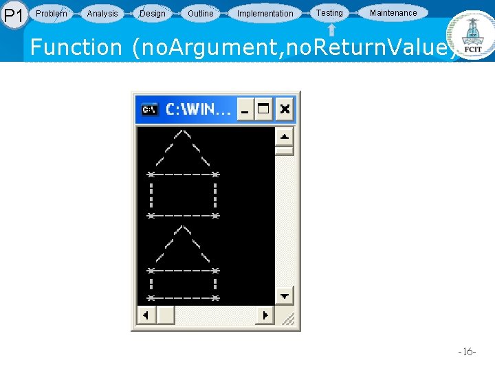 P 1 Problem Analysis Design Outline Implementation Testing Maintenance Function (no. Argument, no. Return. P 1 Problem Analysis Design Outline Implementation Testing Maintenance Function (no. Argument, no. Return.