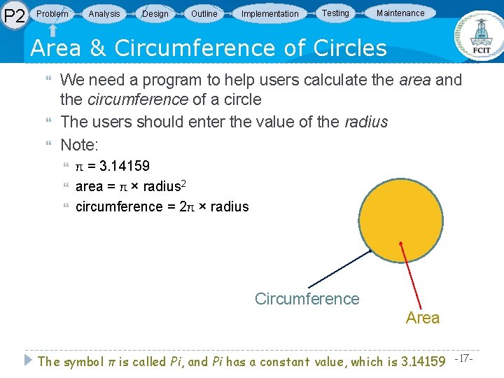 P 2 Problem Analysis Design Outline Implementation Testing Maintenance Area & Circumference of Circles P 2 Problem Analysis Design Outline Implementation Testing Maintenance Area & Circumference of Circles