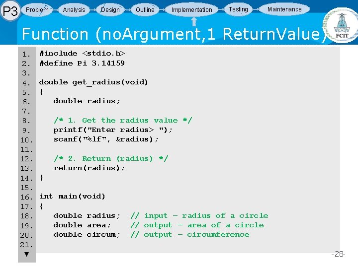 P 3 Problem Analysis Design Outline Implementation Testing Maintenance Function (no. Argument, 1 Return. P 3 Problem Analysis Design Outline Implementation Testing Maintenance Function (no. Argument, 1 Return.
