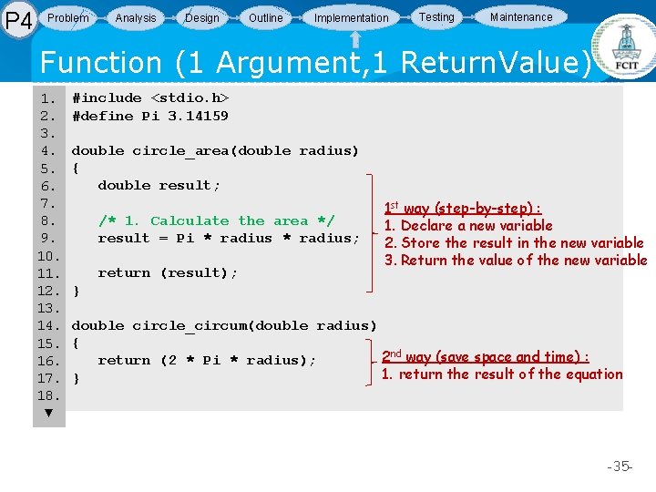 P 4 Problem Analysis Design Outline Implementation Testing Maintenance Function (1 Argument, 1 Return. P 4 Problem Analysis Design Outline Implementation Testing Maintenance Function (1 Argument, 1 Return.