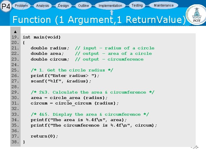 P 4 Problem Analysis Design Outline Implementation Testing Maintenance Function (1 Argument, 1 Return. P 4 Problem Analysis Design Outline Implementation Testing Maintenance Function (1 Argument, 1 Return.