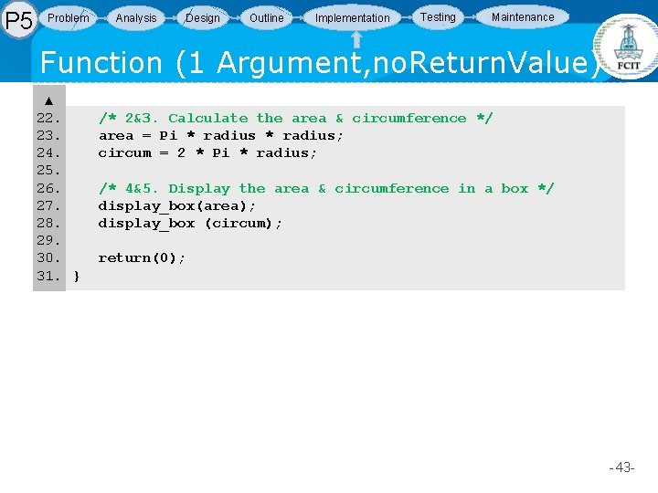 P 5 Problem Analysis Design Outline Implementation Testing Maintenance Function (1 Argument, no. Return. P 5 Problem Analysis Design Outline Implementation Testing Maintenance Function (1 Argument, no. Return.