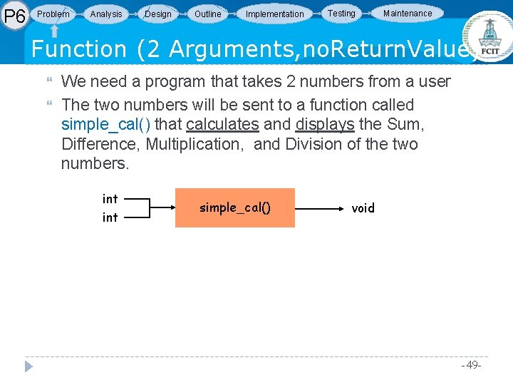 P 6 Problem Analysis Design Outline Implementation Testing Maintenance Function (2 Arguments, no. Return. P 6 Problem Analysis Design Outline Implementation Testing Maintenance Function (2 Arguments, no. Return.