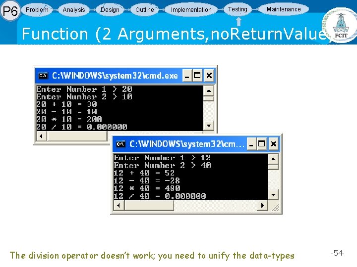 P 6 Problem Analysis Design Outline Implementation Testing Maintenance Function (2 Arguments, no. Return. P 6 Problem Analysis Design Outline Implementation Testing Maintenance Function (2 Arguments, no. Return.