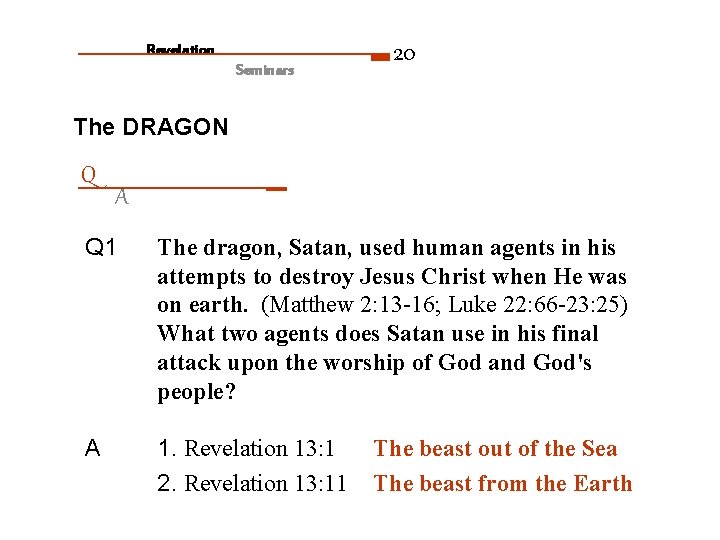 Revelation Seminars 20 The DRAGON Q A Q 1 The dragon, Satan, used human