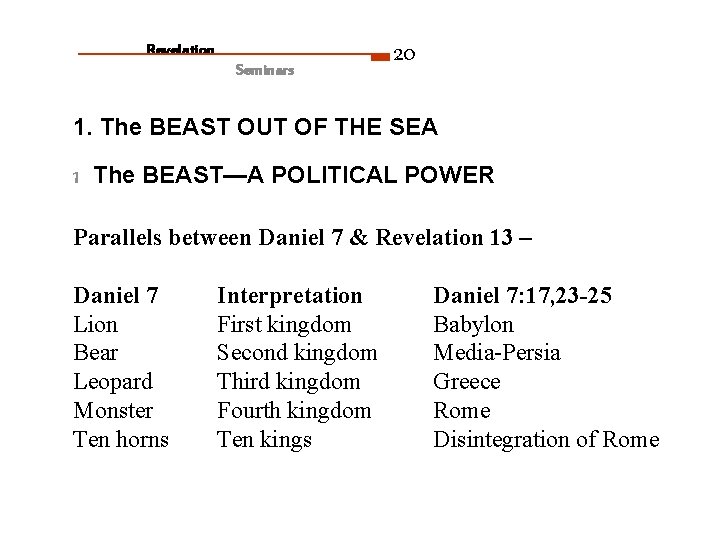 Revelation Seminars 20 1. The BEAST OUT OF THE SEA 1 The BEAST—A POLITICAL
