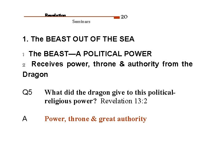 Revelation Seminars 20 1. The BEAST OUT OF THE SEA 1 The BEAST—A POLITICAL