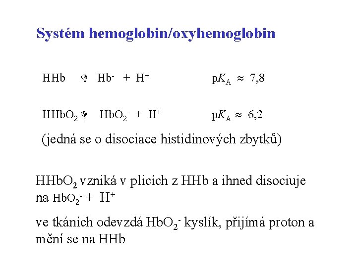 Systém hemoglobin/oxyhemoglobin HHb Hb- + H+ HHb. O 2 Hb. O 2 - +