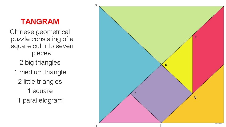 TANGRAM Chinese geometrical puzzle consisting of a square cut into seven pieces: 2 big