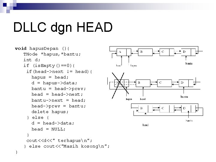 DLLC dgn HEAD void hapus. Depan (){ TNode *hapus, *bantu; int d; if (is.