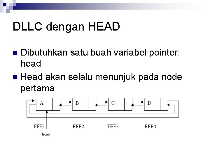 DLLC dengan HEAD Dibutuhkan satu buah variabel pointer: head n Head akan selalu menunjuk