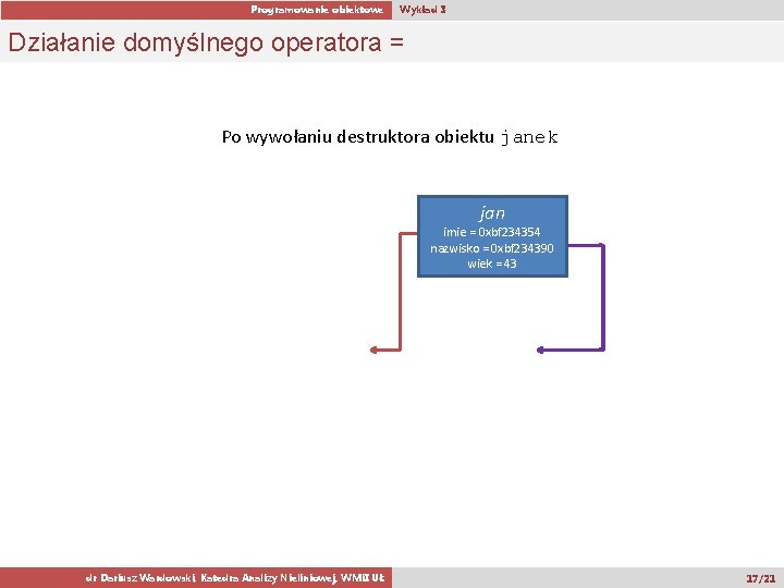 Programowanie obiektowe Wykład 3 Działanie domyślnego operatora = Po wywołaniu destruktora obiektu janek imie