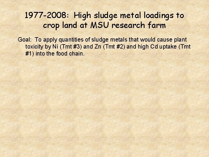 1977 -2008: High sludge metal loadings to crop land at MSU research farm Goal: