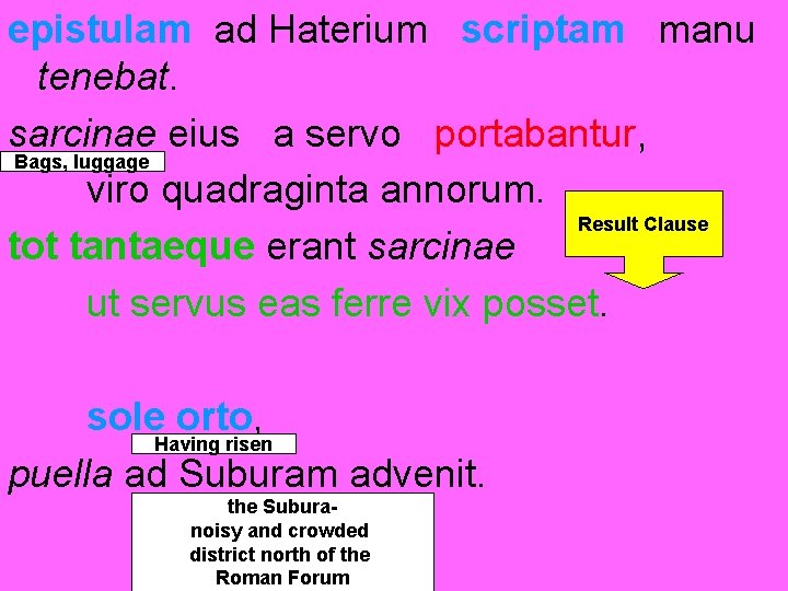 epistulam ad Haterium scriptam manu tenebat. sarcinae eius a servo portabantur, Bags, luggage viro