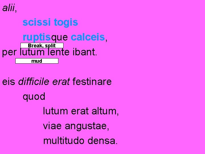 alii, scissi togis ruptisque calceis, Break, split per lutum lente ibant. mud eis difficile