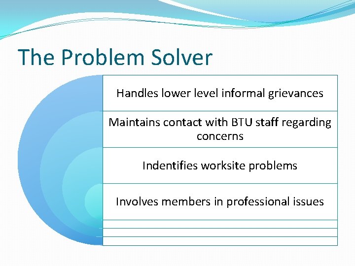 The Problem Solver Handles lower level informal grievances Maintains contact with BTU staff regarding