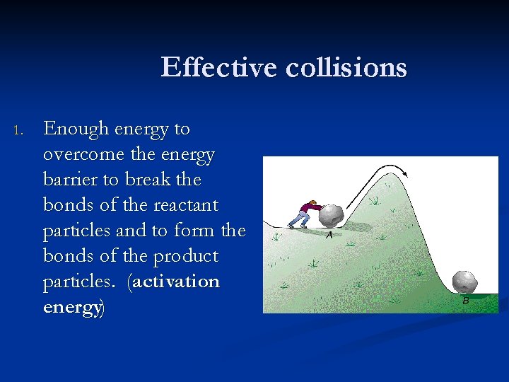 Effective collisions 1. Enough energy to overcome the energy barrier to break the bonds