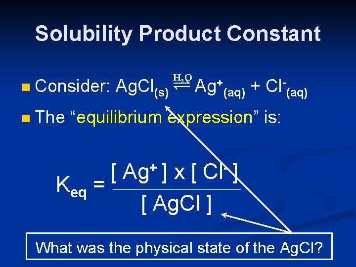 Solubility Product Constant H 2 O n Consider: Ag. Cl(s) Ý Ag+(aq) + Cl-(aq)