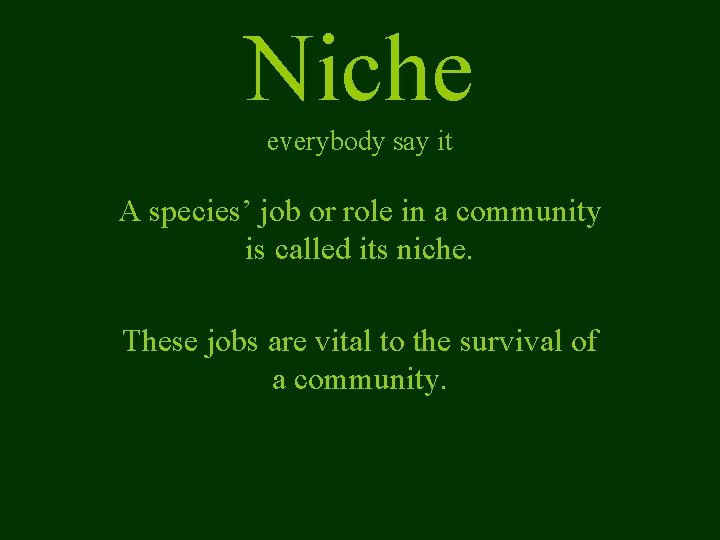 Niche everybody say it A species’ job or role in a community is called