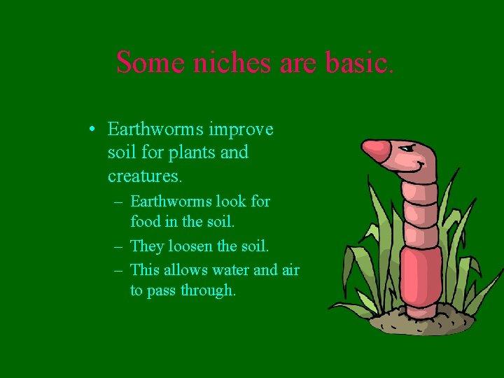 Some niches are basic. • Earthworms improve soil for plants and creatures. – Earthworms