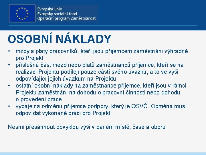 OSOBNÍ NÁKLADY • mzdy a platy pracovníků, kteří jsou příjemcem zaměstnáni výhradně pro Projekt