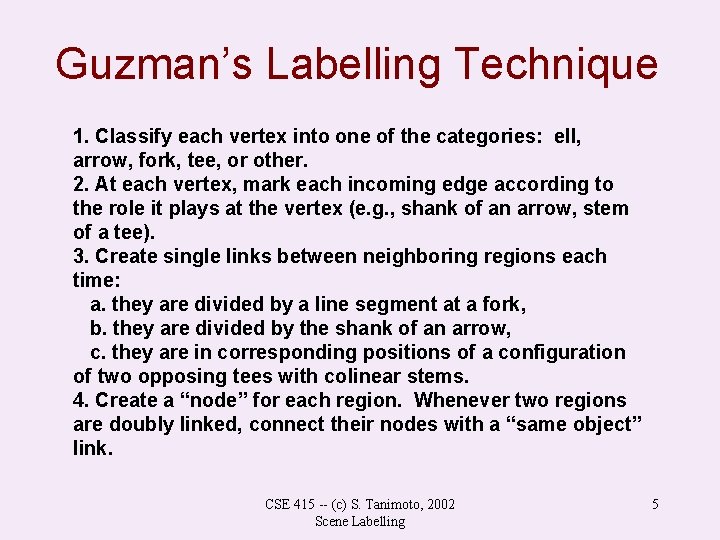 Guzman’s Labelling Technique 1. Classify each vertex into one of the categories: ell, arrow,