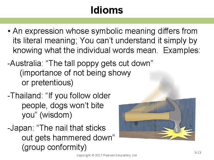 Idioms • An expression whose symbolic meaning differs from its literal meaning; You can’t