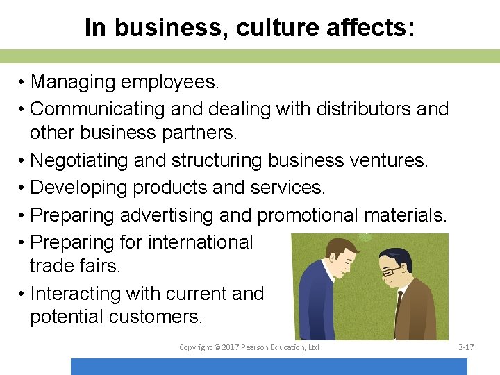 In business, culture affects: • Managing employees. • Communicating and dealing with distributors and