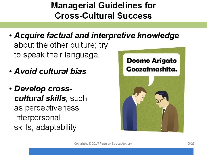 Managerial Guidelines for Cross-Cultural Success • Acquire factual and interpretive knowledge about the other