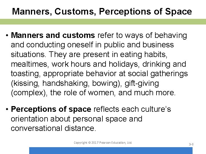 Manners, Customs, Perceptions of Space • Manners and customs refer to ways of behaving