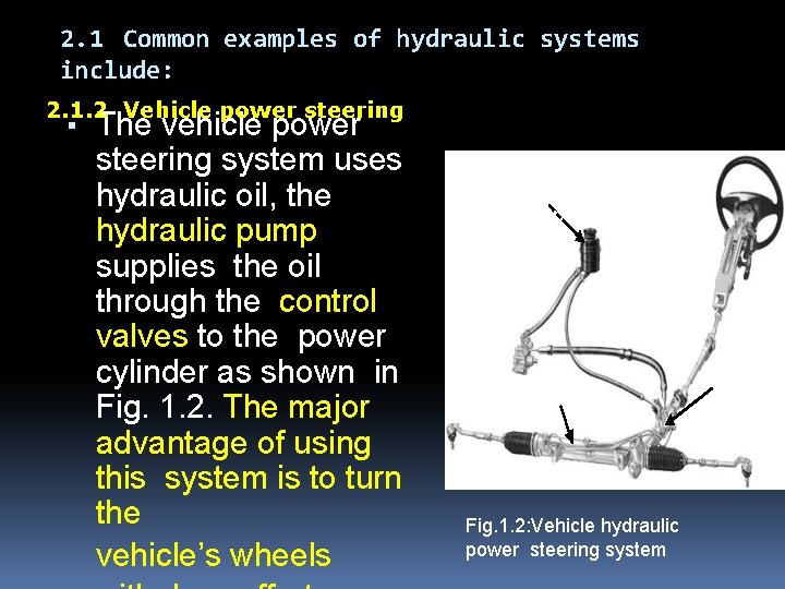 2. 1 Common examples of hydraulic systems include: 2. 1. 2 Vehicle power steering