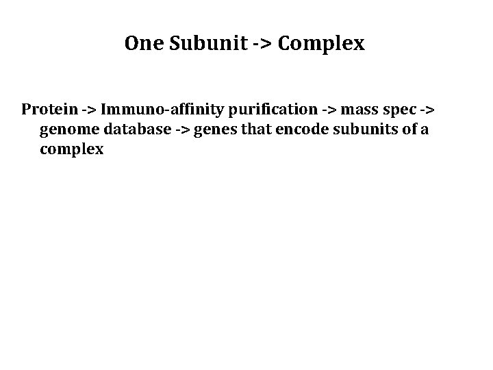 One Subunit -> Complex Protein -> Immuno-affinity purification -> mass spec -> genome database