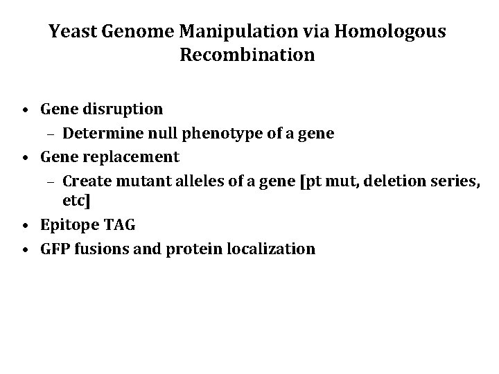 Yeast Genome Manipulation via Homologous Recombination • Gene disruption – Determine null phenotype of