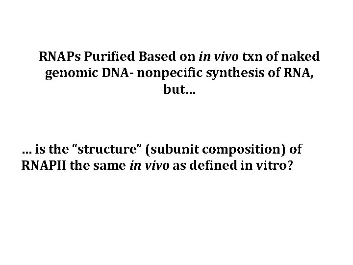 RNAPs Purified Based on in vivo txn of naked genomic DNA- nonpecific synthesis of