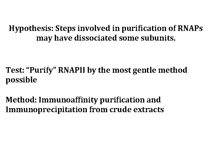 Hypothesis: Steps involved in purification of RNAPs may have dissociated some subunits. Test: “Purify”