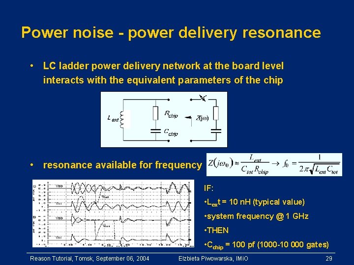Power noise - power delivery resonance • LC ladder power delivery network at the