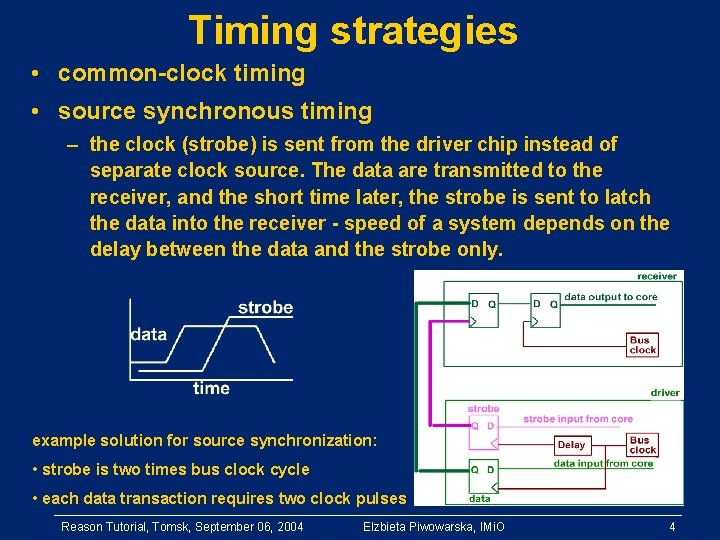 Timing strategies • common-clock timing • source synchronous timing – the clock (strobe) is