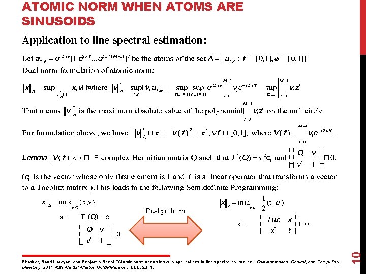ATOMIC NORM WHEN ATOMS ARE SINUSOIDS Application to line spectral estimation: Bhaskar, Badri Narayan,