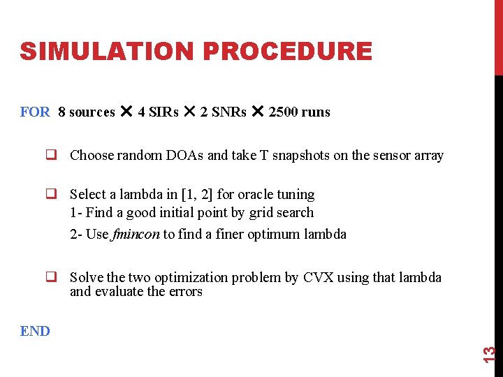 SIMULATION PROCEDURE FOR 8 sources ✕ 4 SIRs ✕ 2 SNRs ✕ 2500 runs
