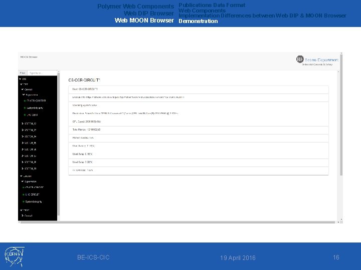 Polymer Web Components Web DIP Browser Web MOON Browser BE-ICS-CIC Publications Data Format Web