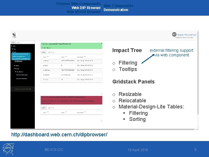 Polymer Web Components Web DIP Browser Demonstration Web MOON Browser Impact Tree external filtering