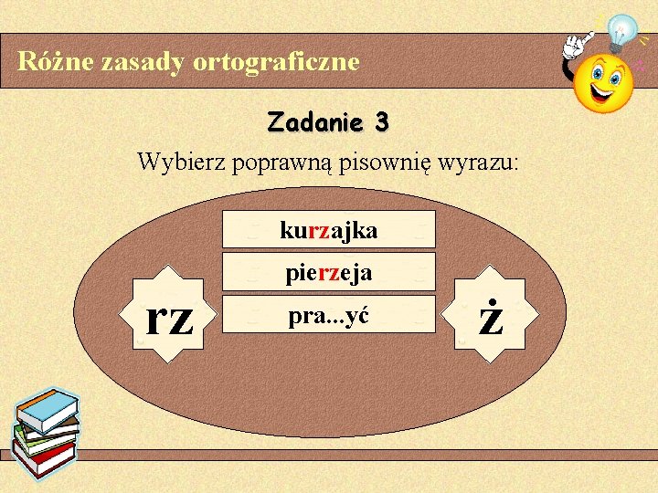 Różne zasady ortograficzne Zadanie 3 Wybierz poprawną pisownię wyrazu: kurzajka rz pierzeja pra. .