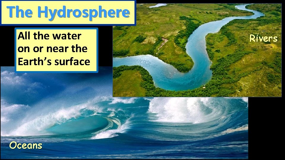 The Hydrosphere All the water on or near the Earth’s surface Oceans Rivers 