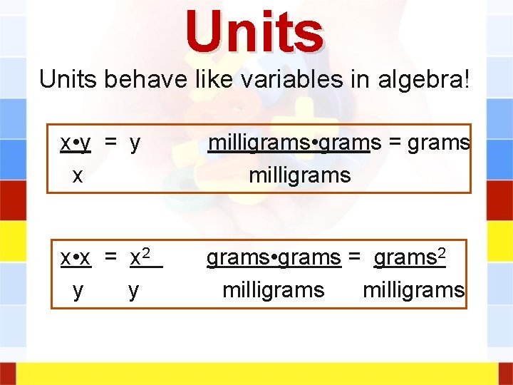 Units behave like variables in algebra! x • y = y x milligrams • Units behave like variables in algebra! x • y = y x milligrams •