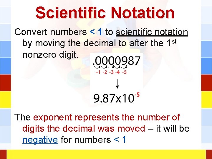 Scientific Notation Convert numbers < 1 to scientific notation by moving the decimal to Scientific Notation Convert numbers < 1 to scientific notation by moving the decimal to